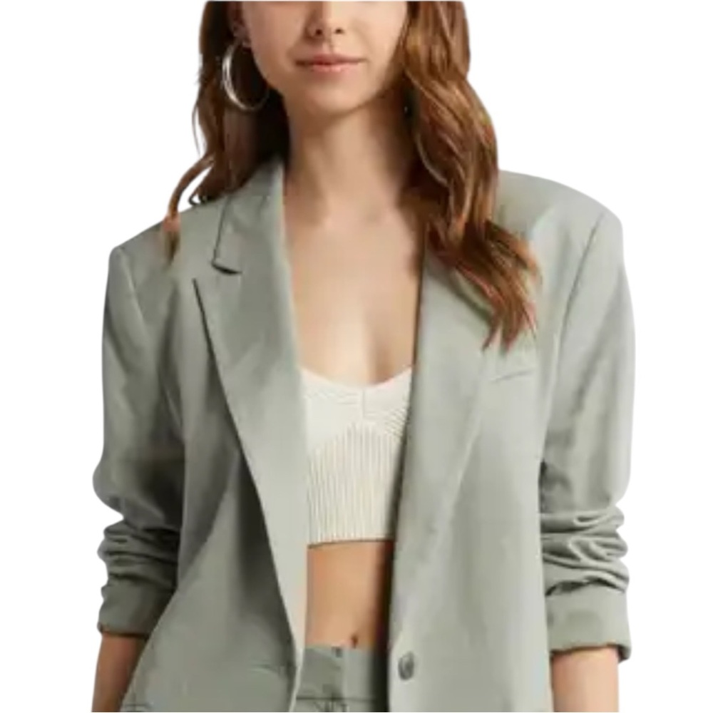 H&M Satin Blazer XS Sage Green Tailored Jacket Minimalist Chic Office Career